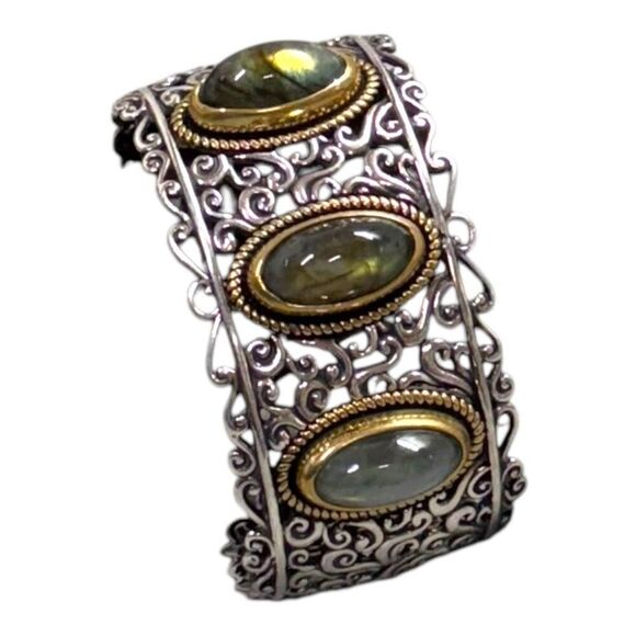 Carolyn Pollack Ornate Sterling Brass 3 Oval Labradorite Cuff Bracelet Southwest - Picture 1 of 8